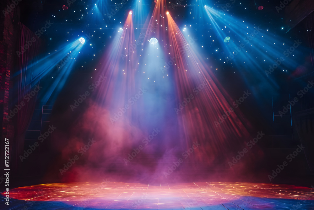 Theaterzauber: Beeindruckende Bühne mit Spotlights, Rauch und rotem Vorhang für ein unvergessliches kulturelles Erlebnis und dramatische Show-Effekte - obrazy, fototapety, plakaty 