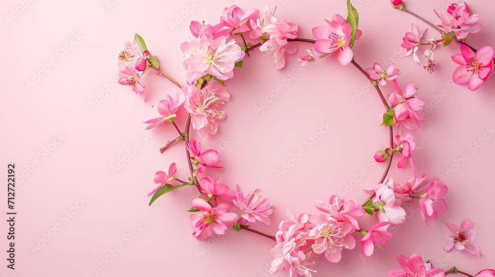Flowers composition. Wreath made of pink flowers on pink background. Flat lay, top view, copy space