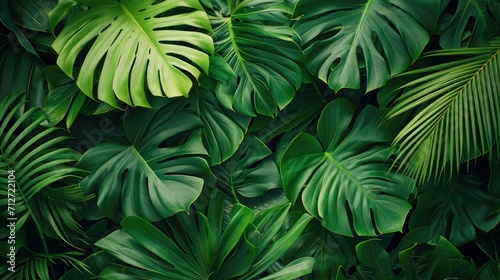 Creative tropical green leaves layout. Concept : Green leaves pattern background / Nature spring.