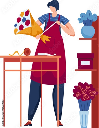 Female florist arranging flowers in shop. Woman in apron working at floral design studio. Floristry craft and small business concept vector illustration.