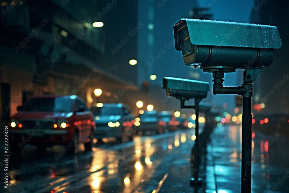 Traffic camera capturing a speeding vehicle in the city for speed control and monitoring Traffic camera capturing a speeding vehicle in the city for speed control and monitoring