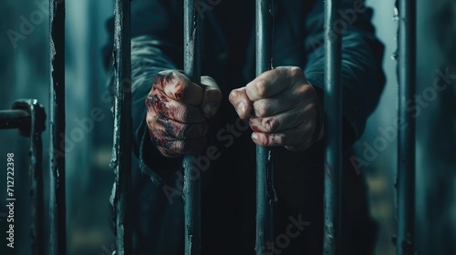 Imprisoned man with wounds on arms standing near bars, incarceration after fight photo