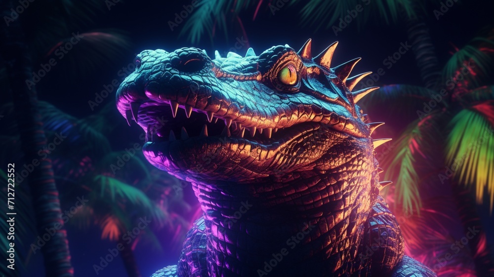 Crocodile Neon light animal standing in the tree AI Generated pictures