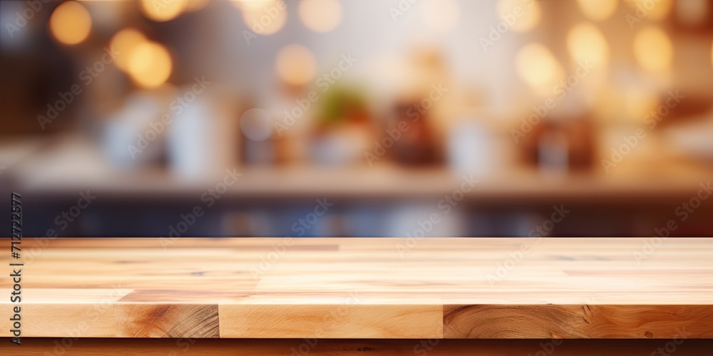 Blurred kitchen background with wooden table top, perfect for editing displays/designing image layouts, with text space. Blurred kitchen background with wooden table top, perfect for editing displays/designing image layouts, with text space.