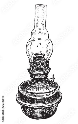 Hand drawn old kerosene lamp, obsolete household object, vector sketch isolated on white