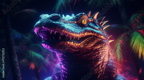 Crocodile Neon light animal standing in the tree AI Generated pictures © Pallab