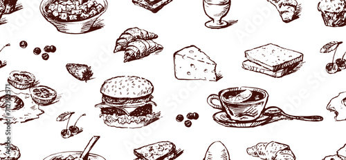 Seamless pattern of sketches various breakfast products, muffins, muesli, bread, egg, croissants, berries, cheese, scrambled eggs, sandwich, tea cup,lemon, vector background for paper