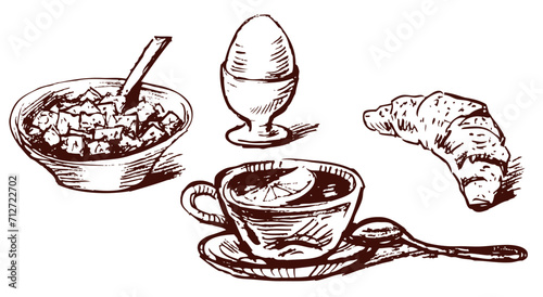 Sketches of various breakfast products, muesli, boiled egg, croissants, tea cup with lemon, vector illustration