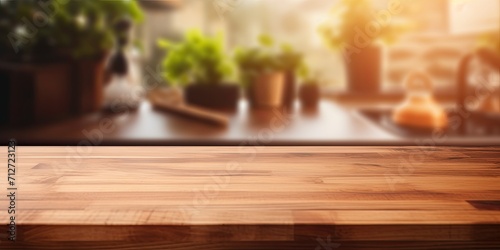 Wooden table on a kitchen background - suitable for showcasing products.