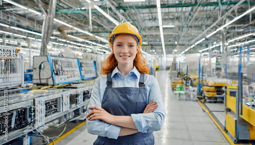 Female facility, caucasian redhair young woman engineer in modern technical plant, smiling looking at camera photo