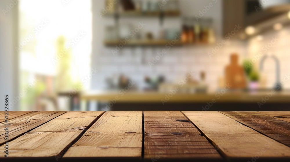 Wooden table with kitchen background. Suitable concept for shooting in ...