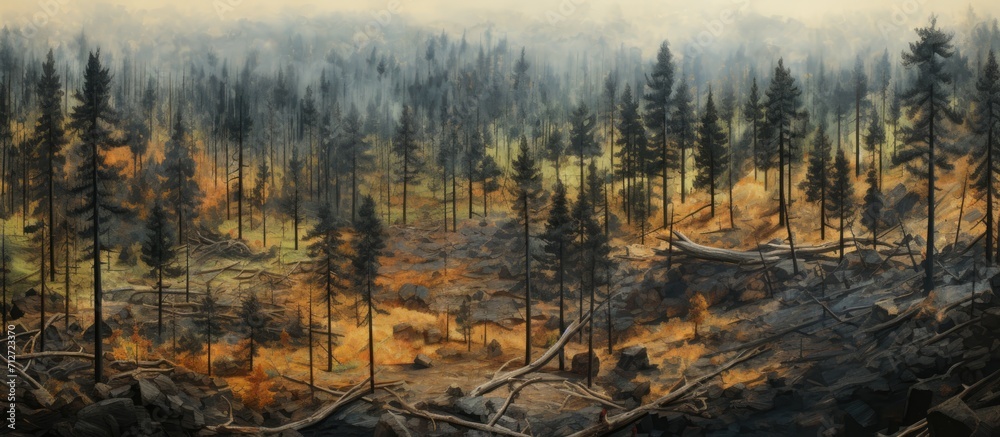Bird's-eye perspective of charred pine forest section from a wildfire.
