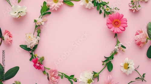 Wreath made of beautiful flowers and green leaves on pale pink background, flat lay. Space for text © buraratn