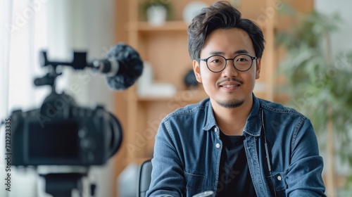 Young attractive Asian man blogger or vlogger looking at camera reviewing product. Modern businessman using social media for marketing. Business online influencer on social media concept.