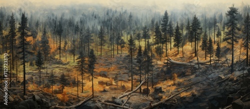 Bird's-eye perspective of charred pine forest section from a wildfire.