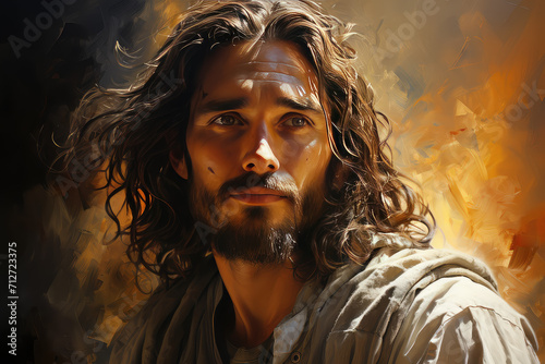 Jesus has long hair and a beard, and he is looking into the distance with a serious expression. He is wearing a tan robe and has a wound on his face. Background is a mix of orange, yellow and black