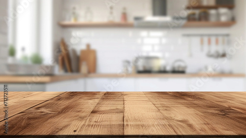 wooden table with kitchen background. Suitable concept for shooting in the kitchen. kitchen products background. food background. shooting table in kitchen. empty wooden table top and blur of room