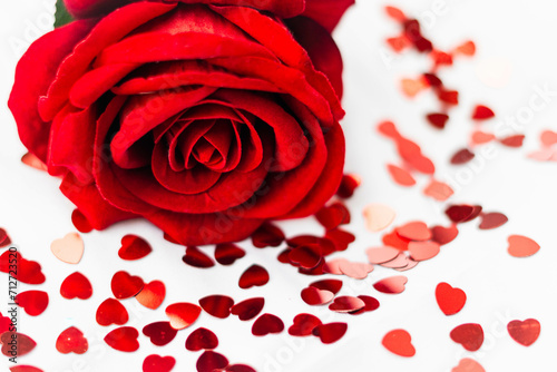 rosa rossa romantica circondata da confetti rossi a forma di cuore per san valentino su sfondo bianco photo