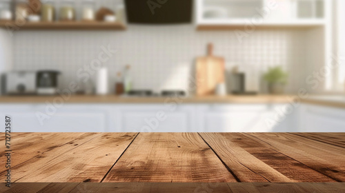 wooden table with kitchen background. Suitable concept for shooting in the kitchen. kitchen products background. food background. shooting table in kitchen. empty wooden table top and blur of room © Hazal