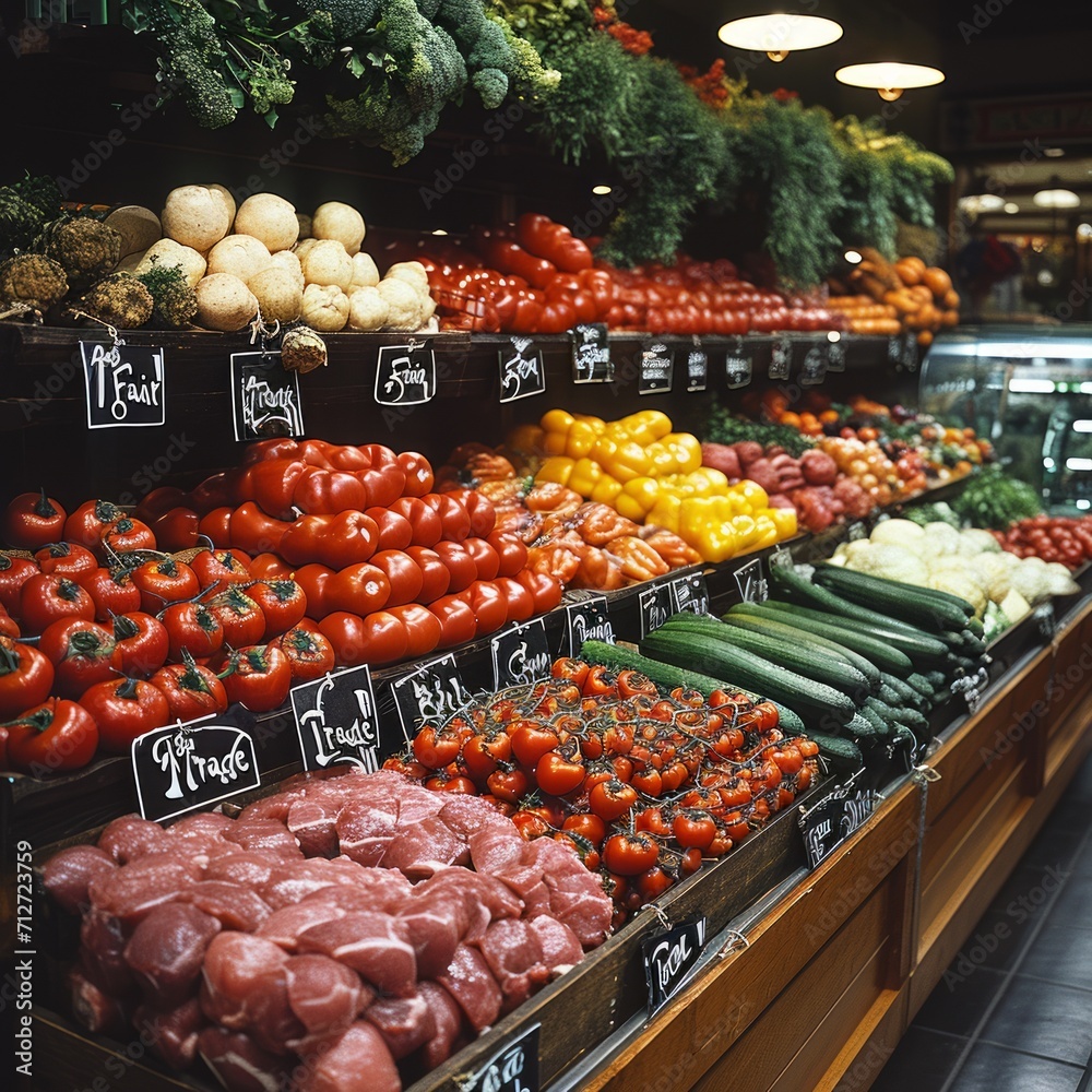 An assortment of fresh vegetables and meat on the supermarket counter, the inscription on the necklace 