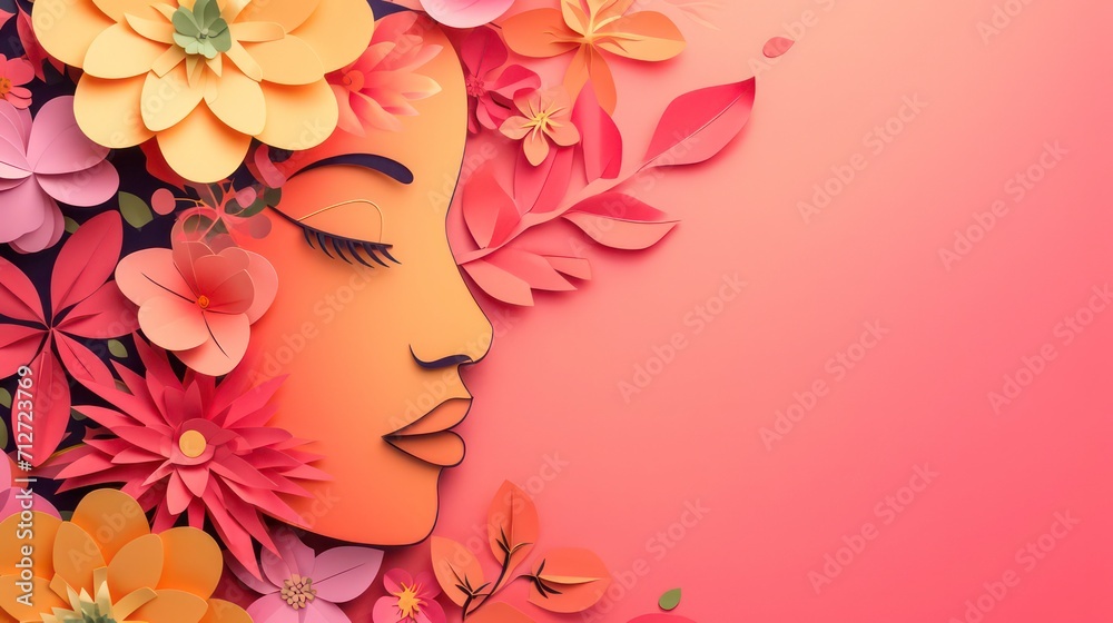 8 March International Women's Day Illustration Concept. Paper Cutout Girl Face. Woman Head Illustration from Side View Happy Women's Day. Template for UI, Web, Banner, or Greeting Card.