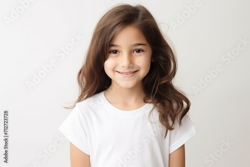 Portrait of a cute little girl with long hair over white background
