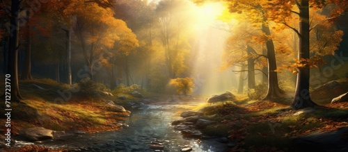 Autumn landscape with panoramic forest sunlight