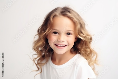 Portrait of a cute little girl with blond curly hair. Studio shot.
