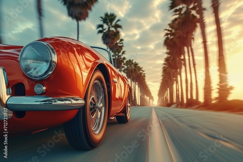 a red vintage sports car speeds along the beach road, its classic design cutting through the coastal breeze. Generative ai © Andrii