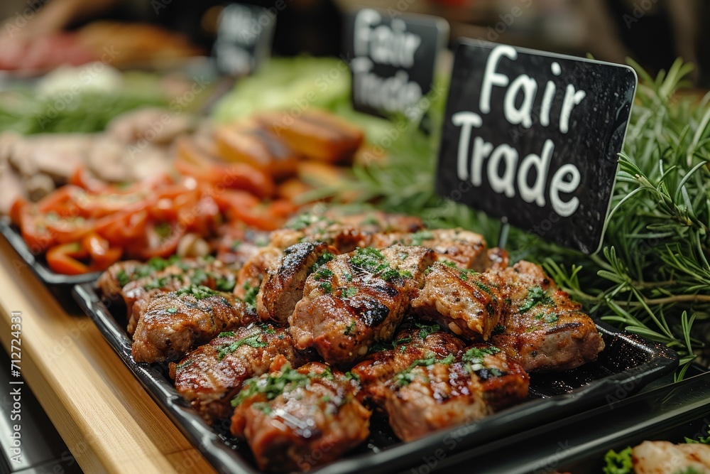 Steaks and meat products on a counter with a Fair Trade sign, next to tomatoes and sprigs of rosemary