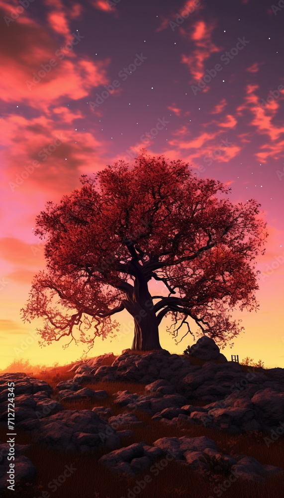 big tree at sunset