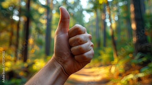 Male hands doing thums up, outdoors photo