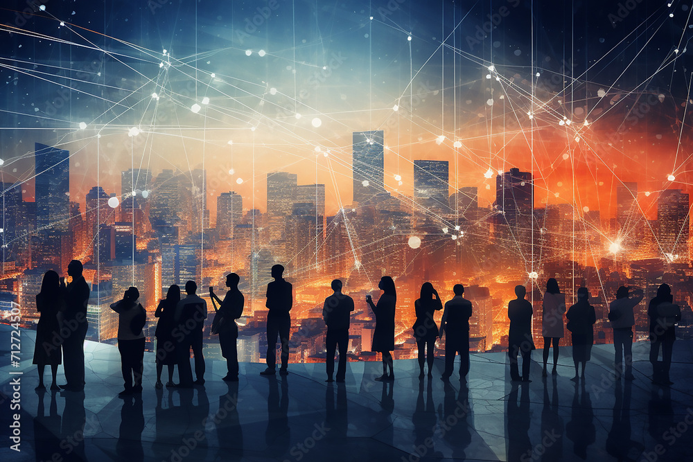 Silhouettes of business people and network interface over cityscape background