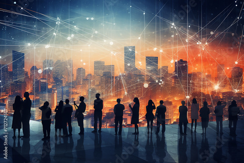 Silhouettes of business people and network interface over cityscape background