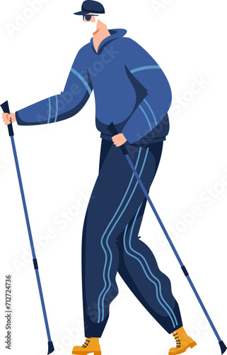 Man in blue tracksuit using Nordic walking sticks outdoor. Active senior male enjoys fitness walking. Healthy lifestyle and exercise concept vector illustration.
