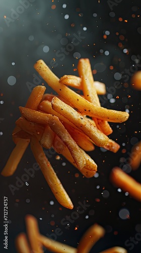 French fries floating on black background