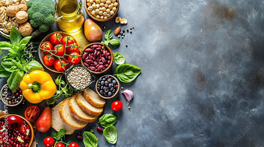 Some ingredients on a slate background, Mediterranean diet concept. Some ingredients on a slate background, Mediterranean diet concept.