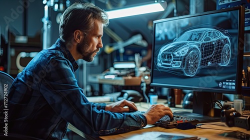 Man as a car designer engineer working with the computer. photo