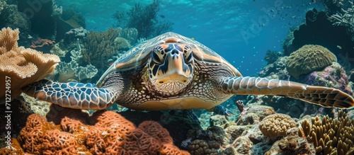 Green sea turtle submerged in coral reef in the waters near Sipadan in the Celebes Sea. photo