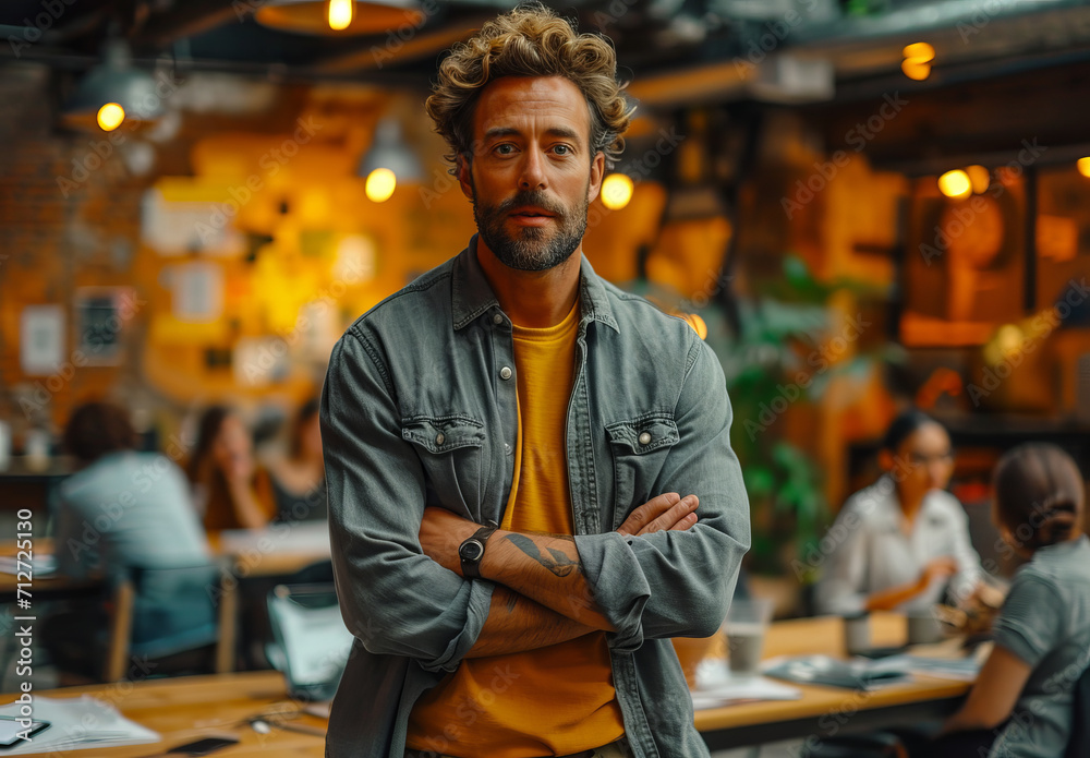 An employee is presenting to a room. A man stands with crossed arms in a restaurant.