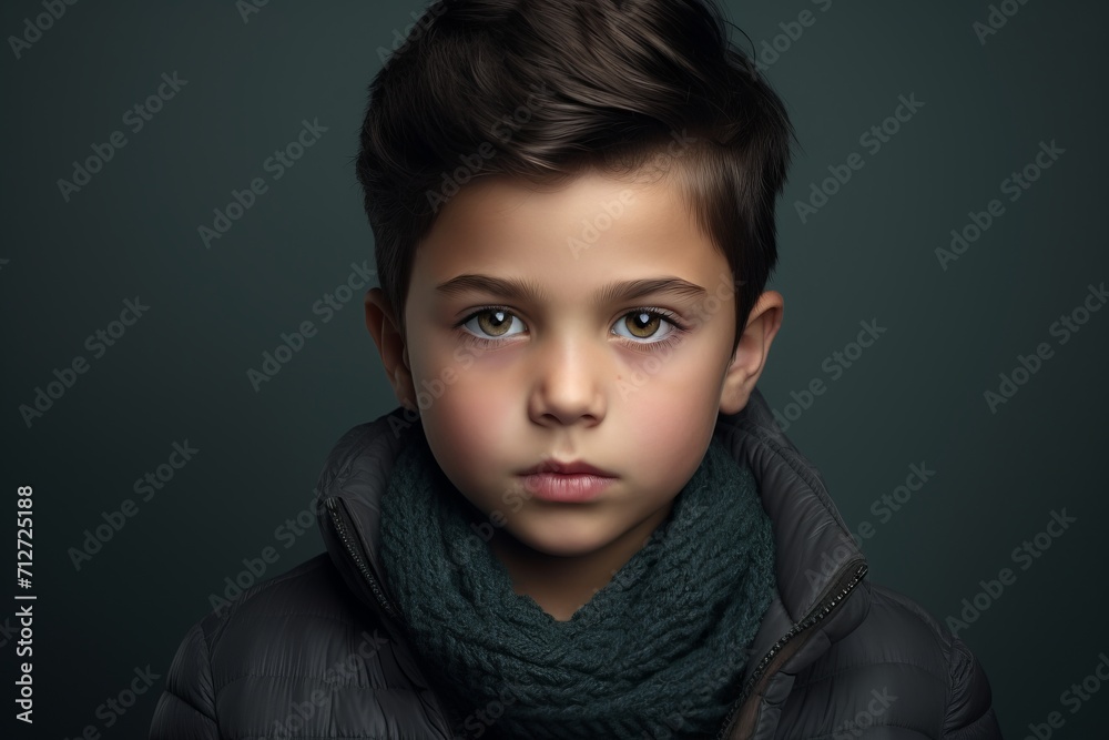 Portrait of a boy in a black jacket and scarf. Studio shot. Portrait of a boy in a black jacket and scarf. Studio shot.