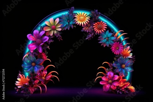 Three-dimensional neon arch with vibrant flowers. Generative AI