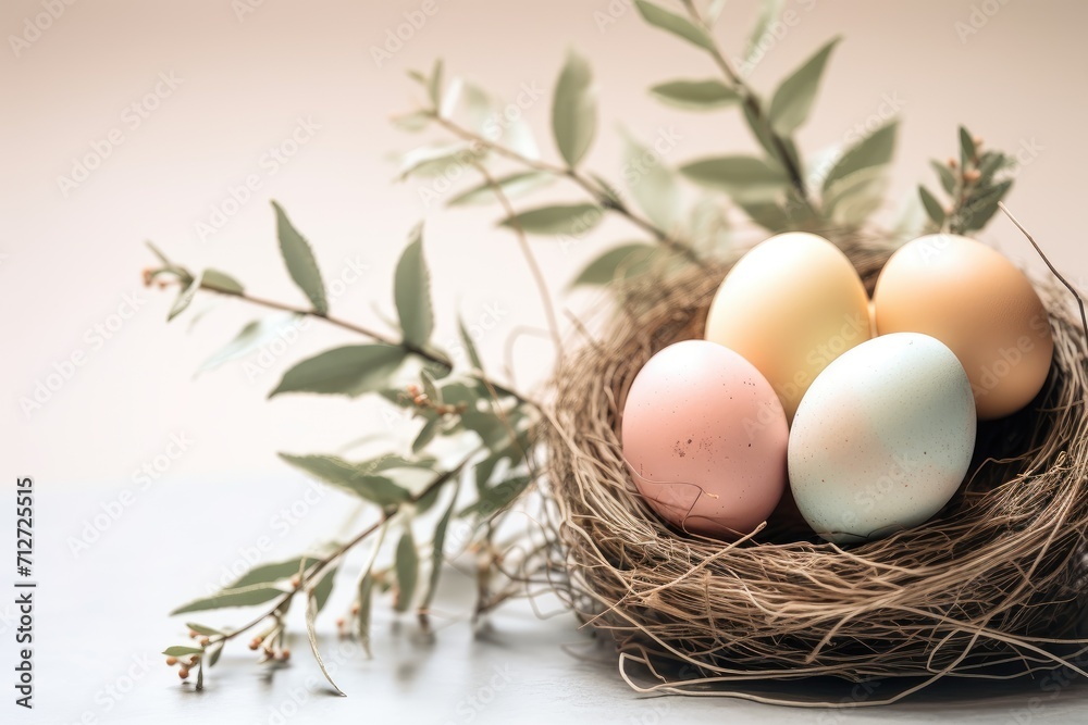 Painted eggs in a nest on a background of twigs. Decorative nest with eggs on light spring background. Easter presentation. Festive composition. Painted eggs in a nest on a background of twigs. Decorative nest with eggs on light spring background. Easter presentation. Festive composition.