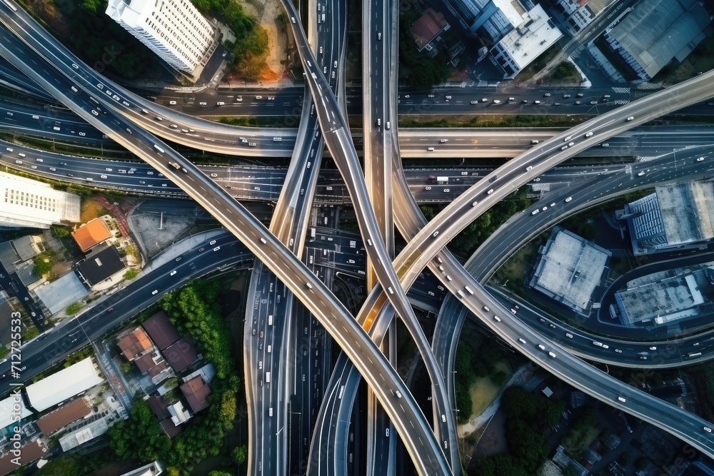 Road interchange top view. Complex road system. Many roads. Clearway. Speedway. Expressway Road interchange top view. Complex road system. Many roads. Clearway. Speedway. Expressway
