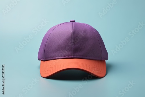 Purple baseball cap. Baseball cap on blue background. Hat. Red cap. Hat mockup. Space for logo and emblem. Clothes.