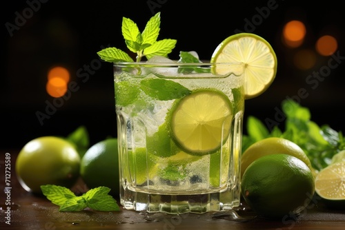 Fresh refreshing mojito cocktail. A cocktail of lime and mint leaves. A glass of summer cocktail with ice cubes and citrus