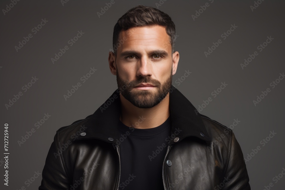 Portrait of handsome bearded man in black leather jacket. Studio shot. Portrait of handsome bearded man in black leather jacket. Studio shot.