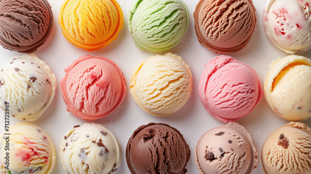 Scoops of different varieties of ice cream on a white background. Scoops of different varieties of ice cream on a white background.
