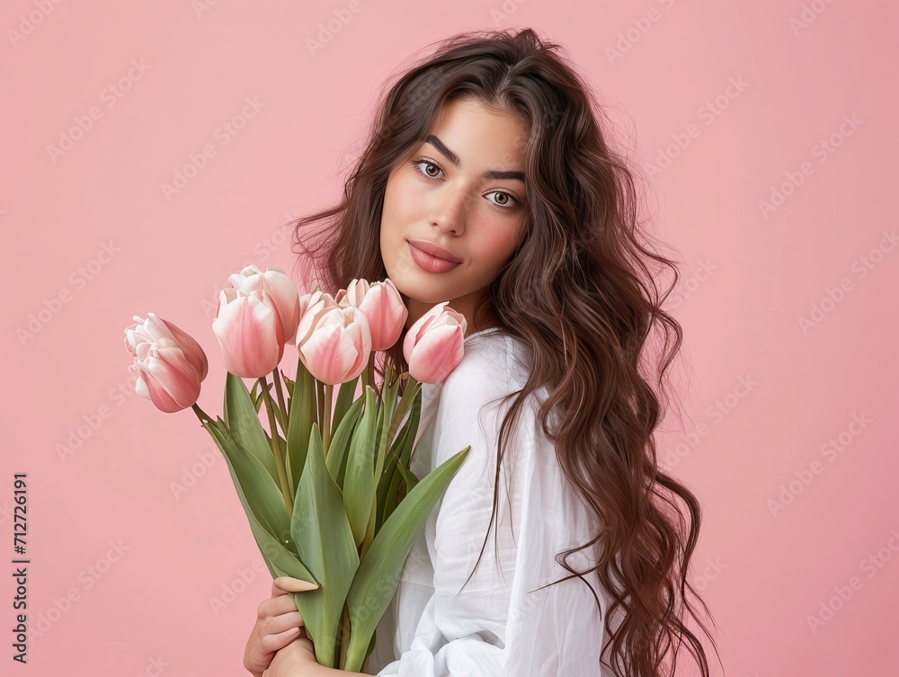 Portrait of young pensive woman near vase with flowers bouquet against white background. Mothers day, birthday, anniversary, celebration, holiday, greeting, festive event. Isolated image. Portrait of young pensive woman near vase with flowers bouquet against white background. Mothers day, birthday, anniversary, celebration, holiday, greeting, festive event. Isolated image.