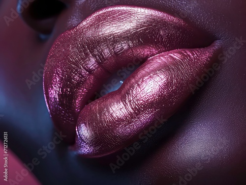 Perfect natural lip makeup. Close up photo of African-American woman have full plump moisturizing with natural gloss lips. Concept of beauty, make-up, cosmetology, spa treatments, cosmetic product. Ad